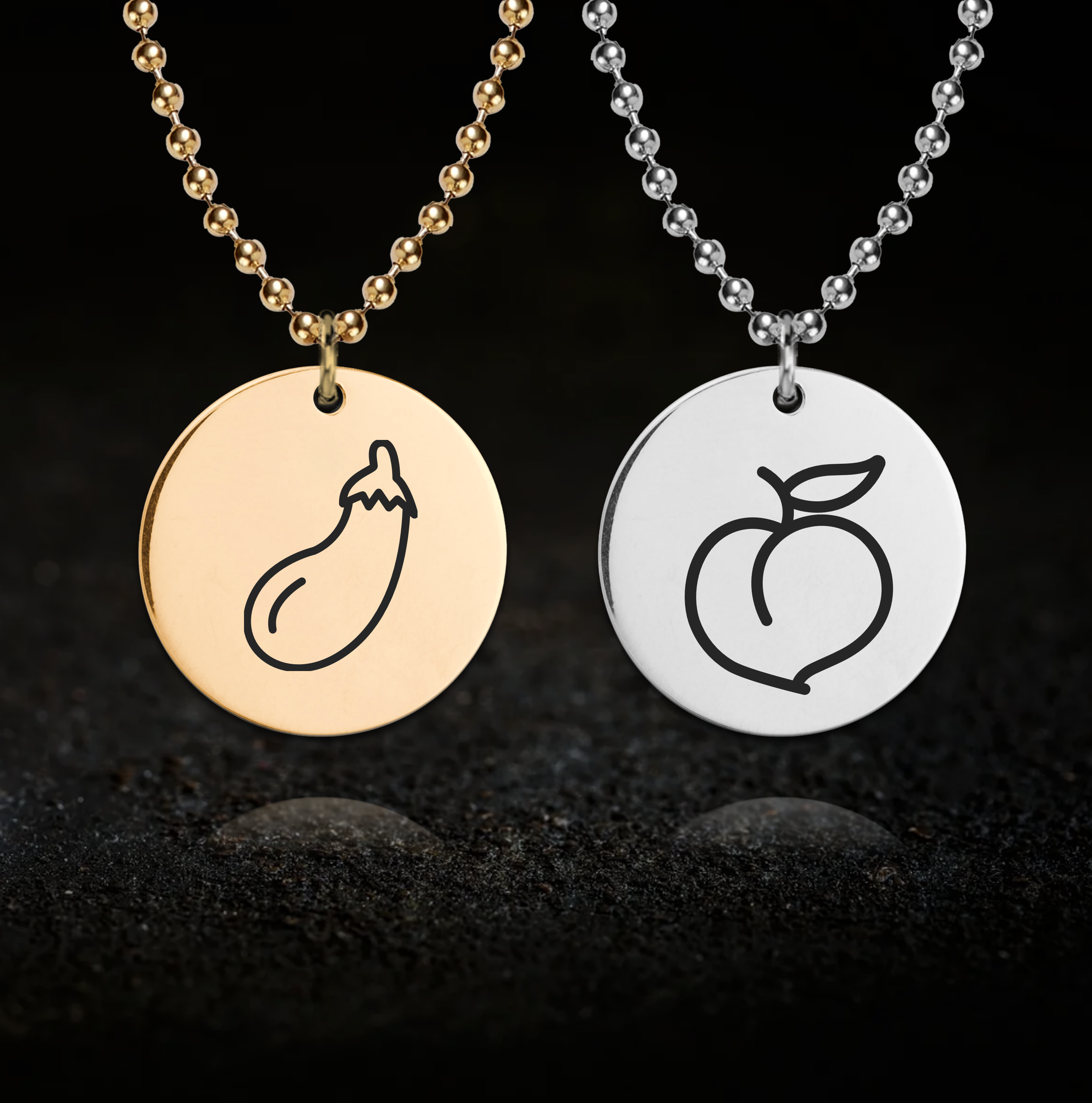 Fun Peach and Aubergine Emoji Couples Necklace Set