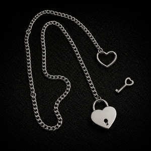 Image 3: Gold heart padlock O-ring necklace with genuine working lock and matching key, engraved "Custom," for owned subs and D/s dynamics, FETBOMB