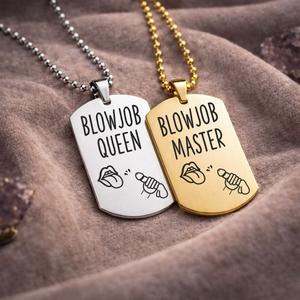 Blowjob Queen and Blowjob Master engraved stainless steel BDSM role tag necklaces on chain