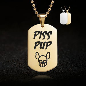 Gold “Piss Pup” tag necklace – pee play fetish and pup play accessory