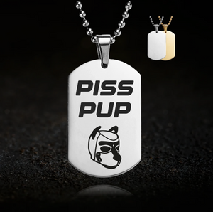 Fetish necklace engraved “Piss Pup” with hood design – urophilia and BDSM pride jewellery