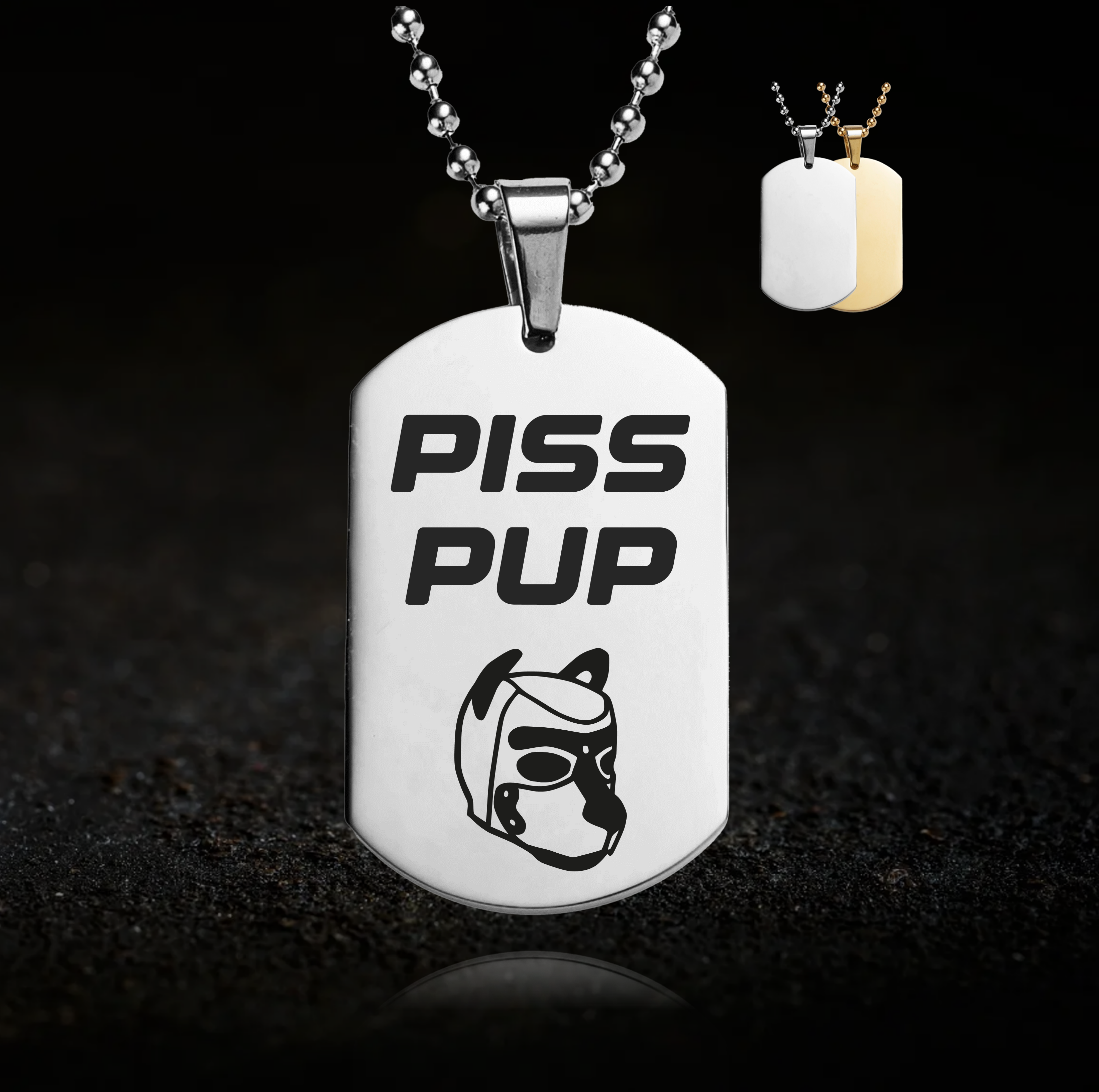Fetish necklace engraved “Piss Pup” with hood design – urophilia and BDSM pride jewellery