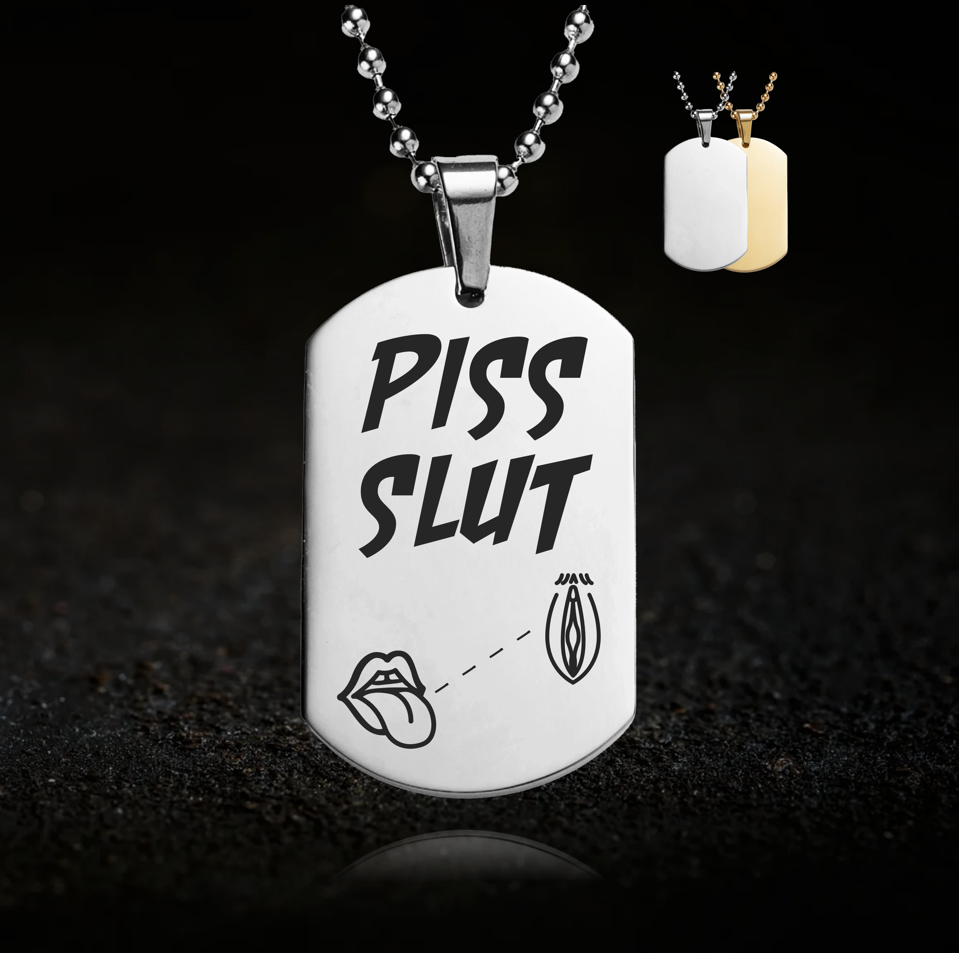 Kink necklace with bold “Piss Slut” engraving – NSFW watersports accessory