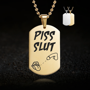 Gold tag necklace engraved “Piss Slut” – watersports fetish jewellery