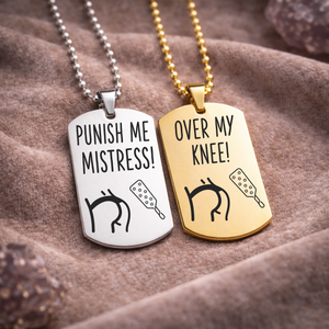 Punish Me Mistress and Over My Knee submissive role tag necklace stainless steel fetish jewellery