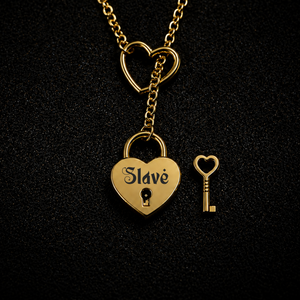 Gold heart padlock necklace engraved "Slave" with genuine working lock and matching key, for Master/slave D/s dynamics, FETBOMB