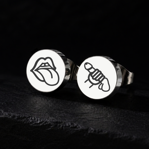 Silver oral service penis stud earrings on a black background, 10mm or 12mm stainless steel explicit fetish jewellery with mouth and penis designs from FETBOMB.