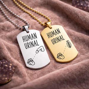 engraved human urinal watersports BDSM necklace stainless steel and gold dog tag fetish jewellery