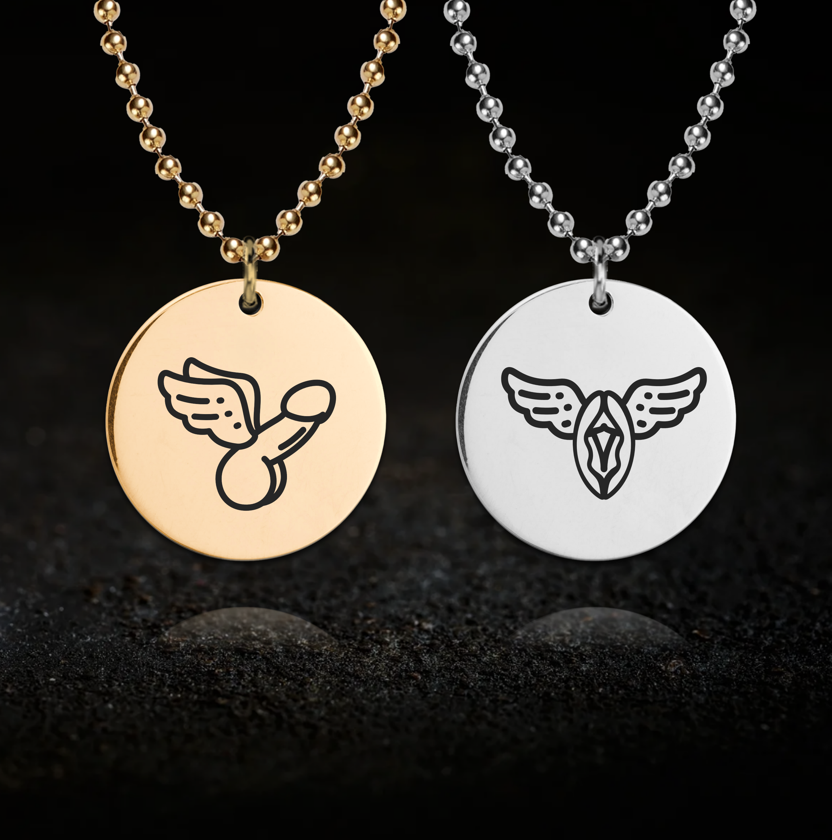 Couple's Fetish Necklace Set - Winged Penis and Vagina Pendants