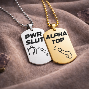 PWR Slut and Alpha Top engraved gay BDSM necklace stainless steel dog tag jewellery