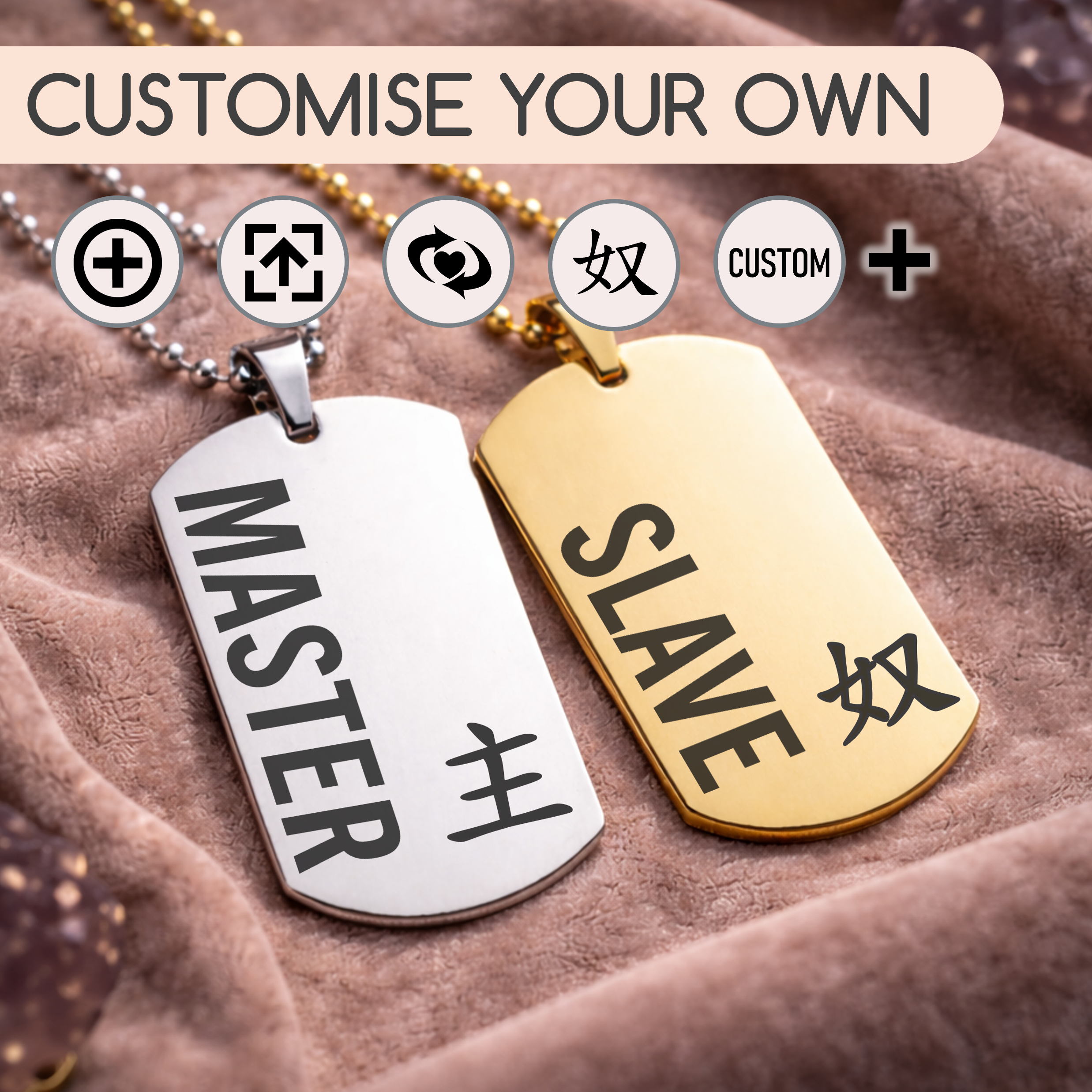 Custom engraved BDSM necklace with vertical text and symbol in gold and silver
