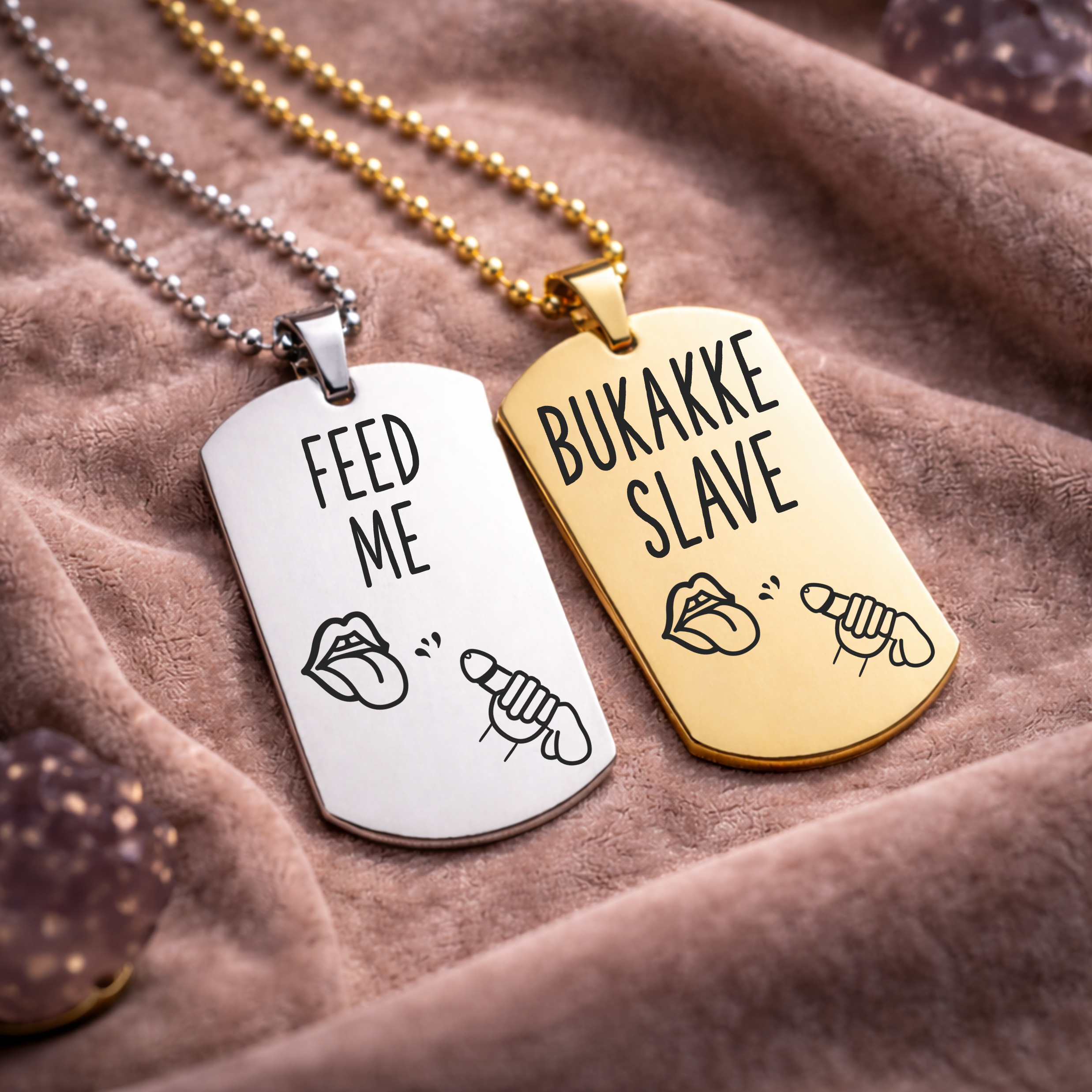 Feed Me and Bukkake Slave fetish submissive dog tag necklaces stainless steel