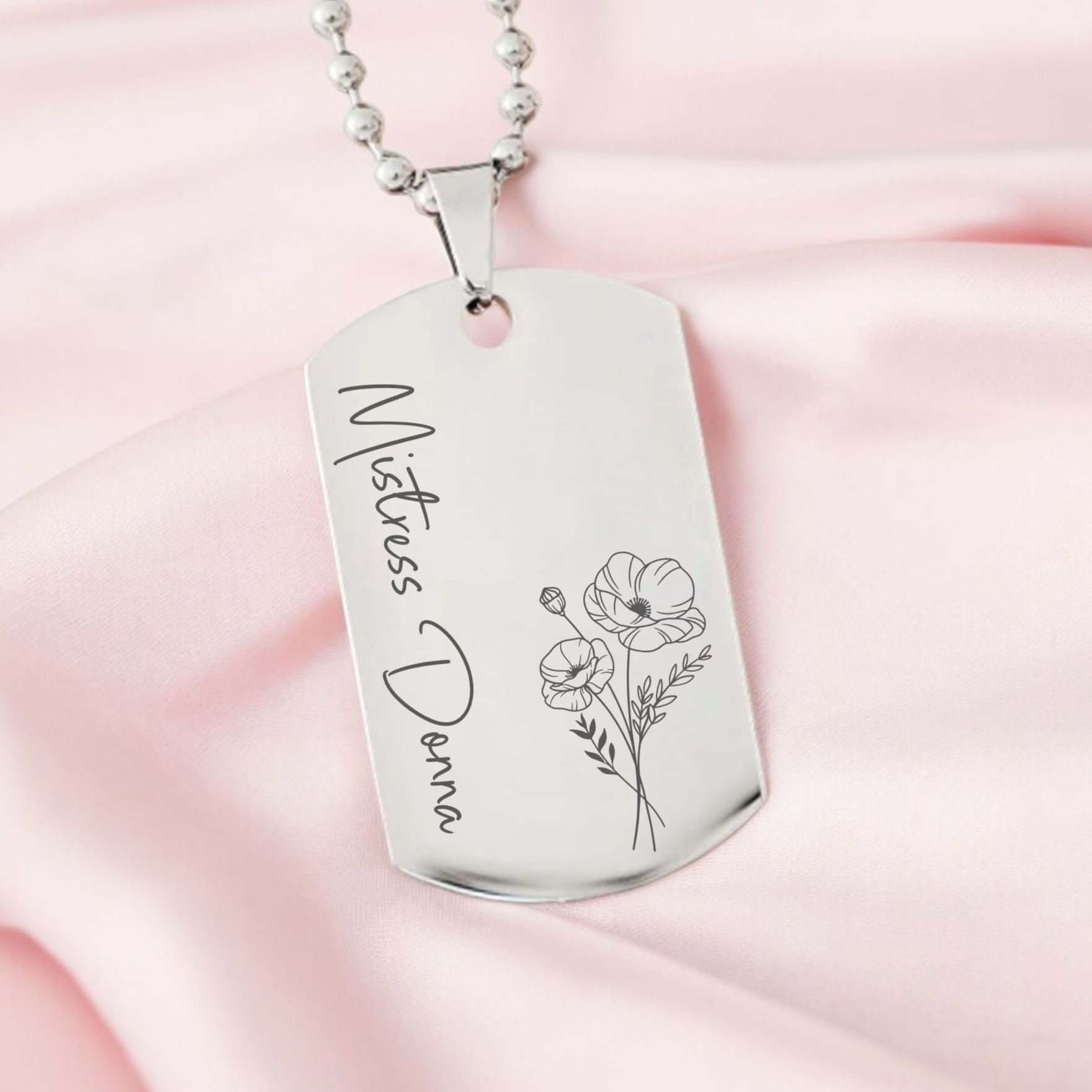 Personalised Hybrid, Birth Flower Dog Tag Necklace