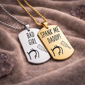 Bad Girl and Spank Me Daddy impact play role tag necklace fetish jewellery in gold and silver