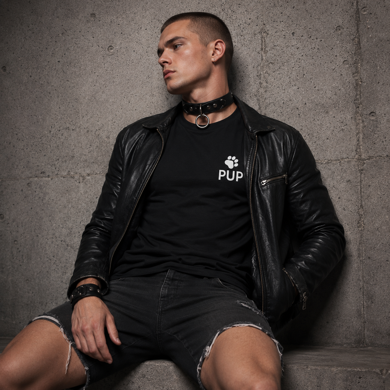 Black pup paw t-shirt worn with leather jacket and collar — white paw print and PUP text on left chest, made to order for the human pup play community by FETBOMB.