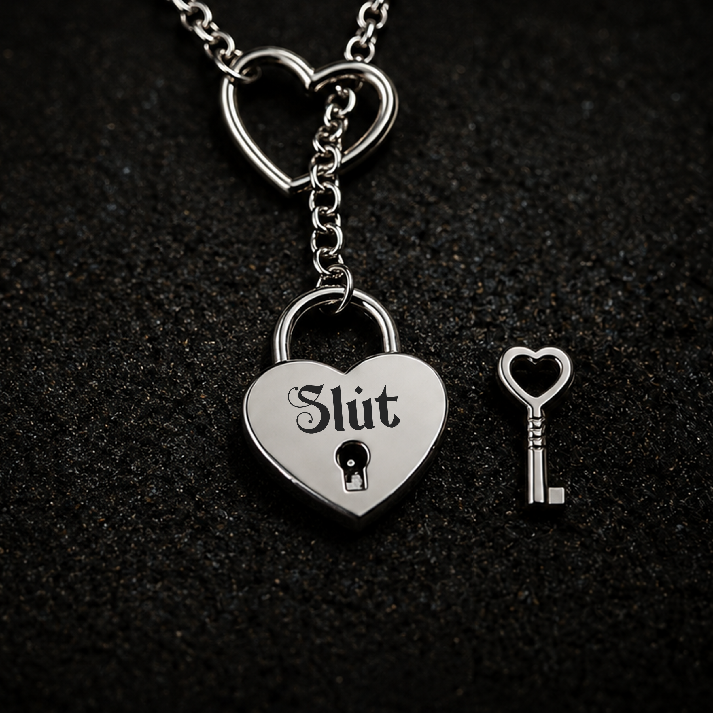 A silver heart-shaped padlock pendant engraved with the word 'Slut' and a small matching heart-shaped key, displayed on a dark textured background.