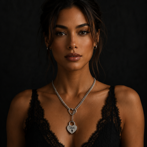 A woman wearing a silver heart-shaped pendant necklace engraved with the name 'Slut' on a black lace top, set against a dark black background.