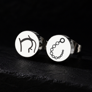 Silver bottom and anal bead stud earrings on a black background, 10mm or 12mm stainless steel BDSM and explicit fetish jewellery from FETBOMB.