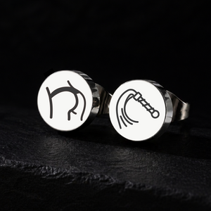 Silver whip and bottom stud earrings on a black background, 10mm or 12mm stainless steel BDSM jewellery for impact play and kink dynamics from FETBOMB.