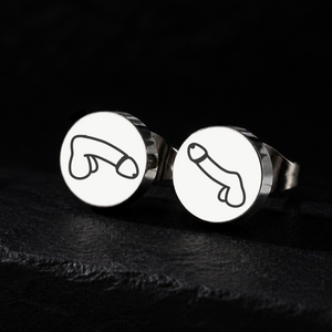 Silver penis stud earrings on a black background, 10mm or 12mm stainless steel explicit fetish jewellery for the kink and sex positive community from FETBOMB.