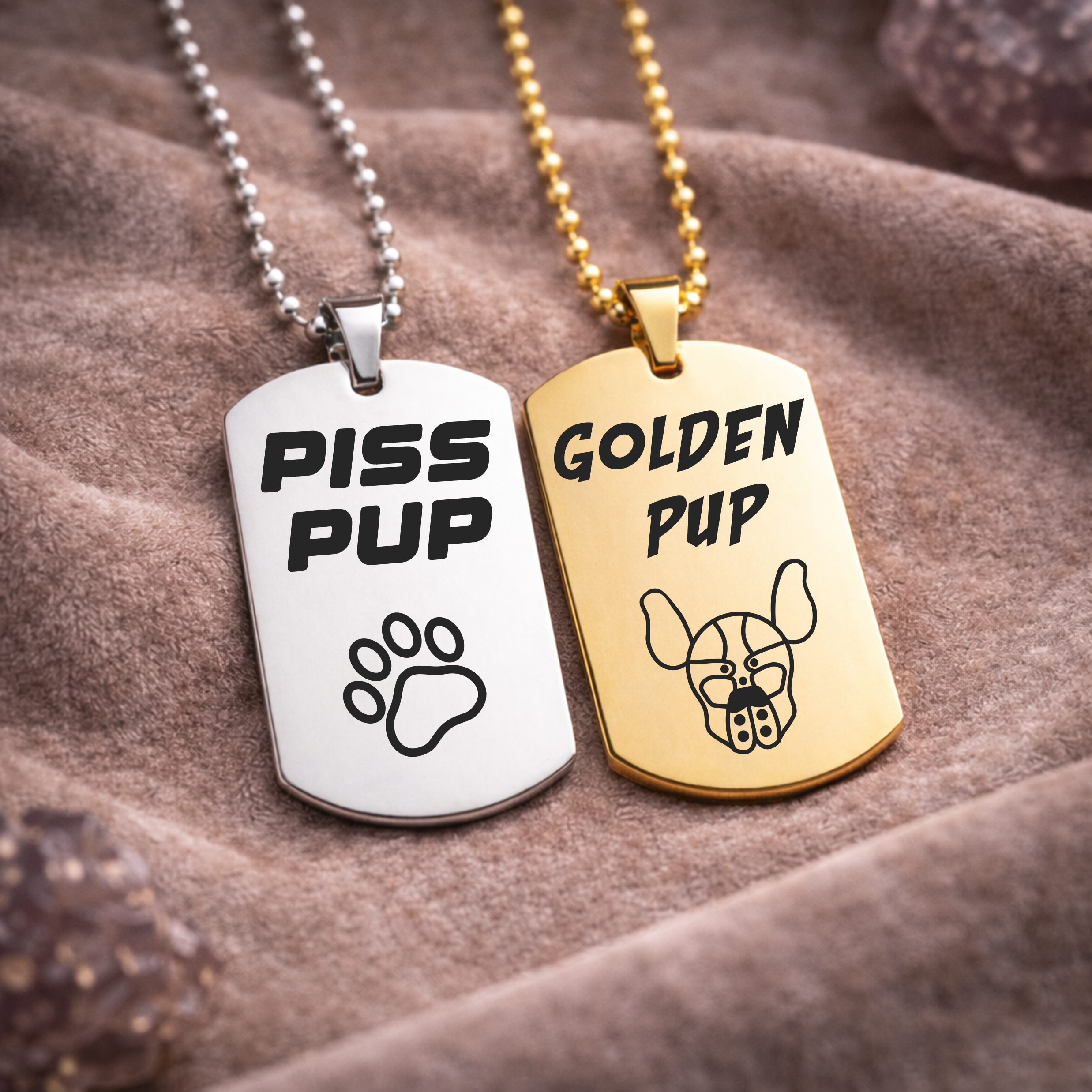 Golden Pup engraved BDSM dog tag necklace watersports fetish jewellery