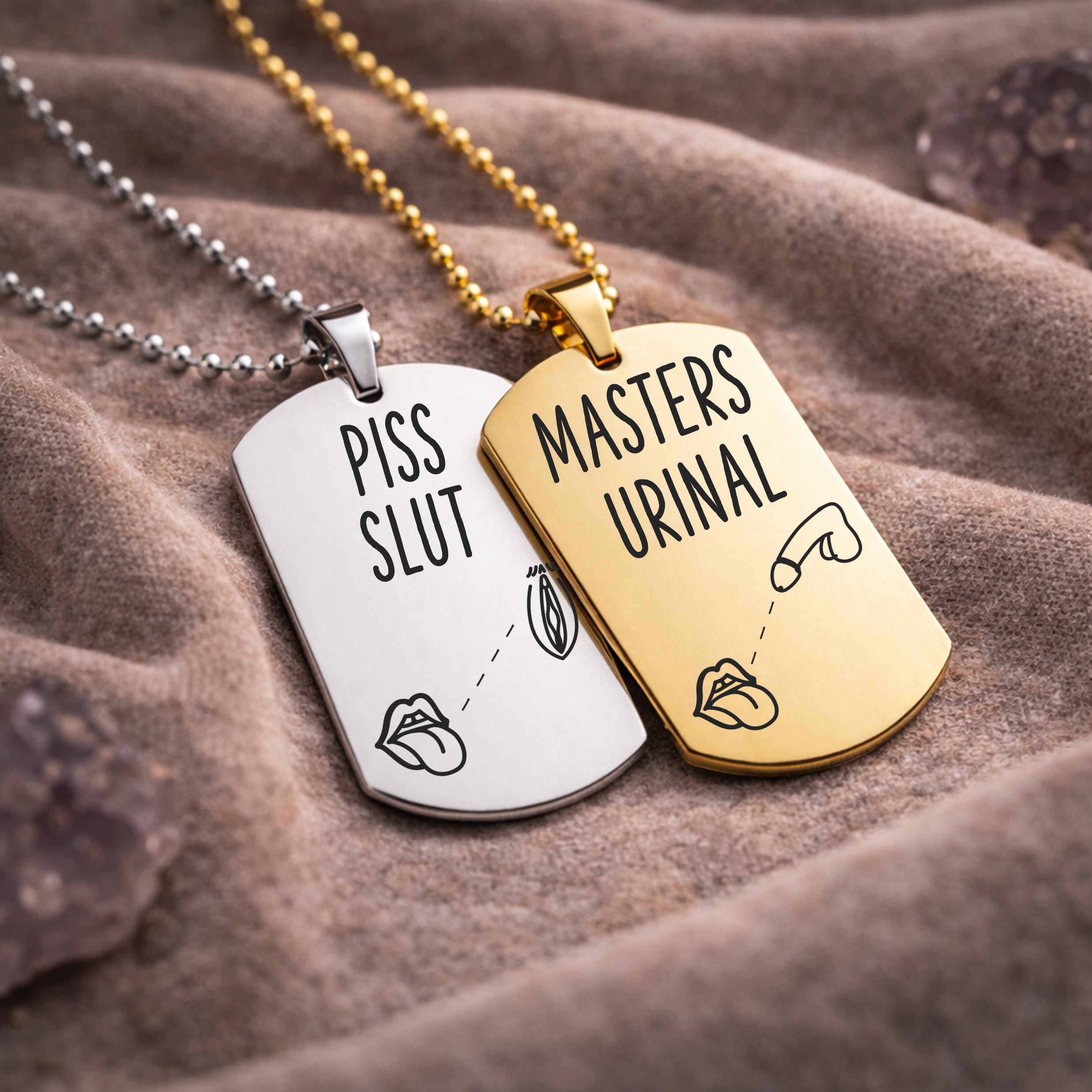 masters urinal engraved fetish necklace ownership and degradation BDSM jewellery gold dog tag